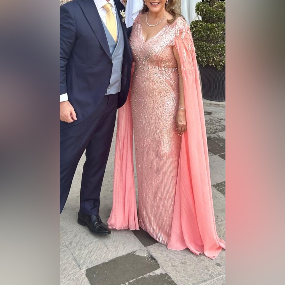 Jenny Packham Kay sequin gown altered with long beaded sleeves, salmon pink